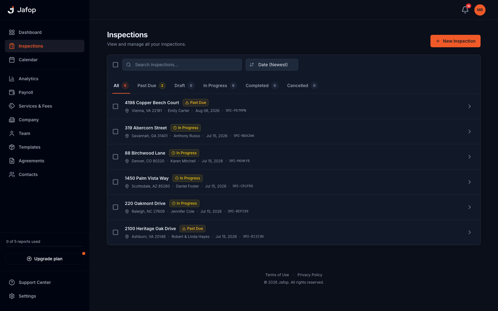 Jafop inspections list with status tabs and search