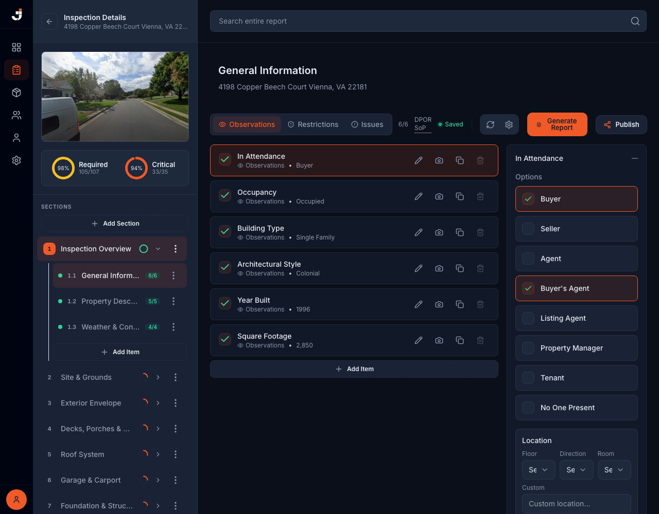 The Jafop report editor — sections, items, and comment options with completion tracking.
